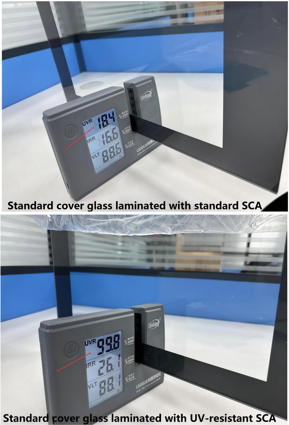 Standard cover glass laminated with UV-resistant SCA and standard SCA Standard cover glass laminated with UV-resistant SCA and standard SCA