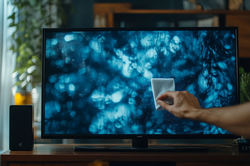 a person cleaning a TV screen with a microfibre cloth
