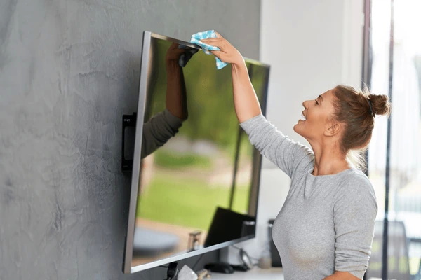 Resim genç kadın temizlik televizyon